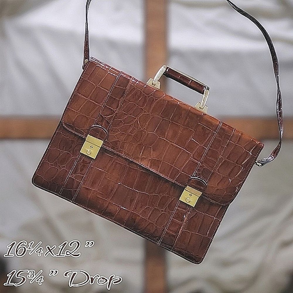 Vtg 80s chestnut croc embossed patent leather shoulder satchel